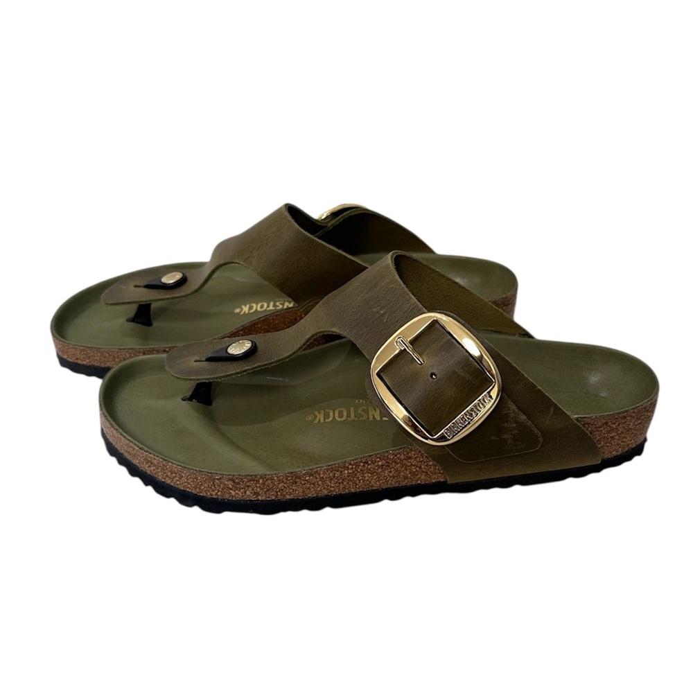 Birkenstock Thong Sandals Gizeh Big Buckle Oiled Leather Size 41 Olive Green